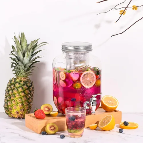 Vista 6 de Eleganttime Dispensadores de bebidas de vidrio de 1 galón para fiestas, paquete de 2 dispensadores de bebidas con infusor de frutas, dispensador
