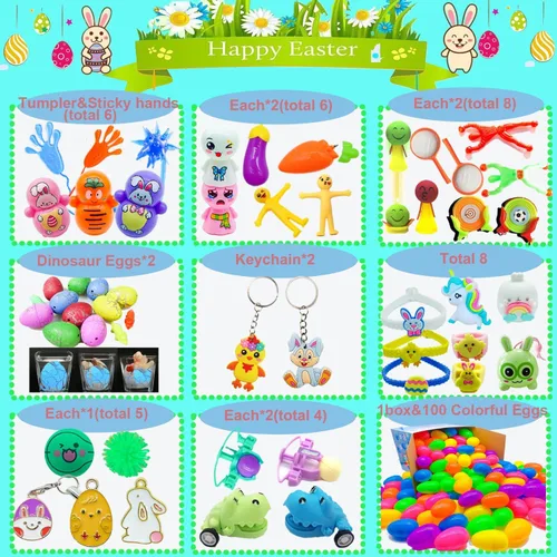 Vista 4 de 100 huevos de Pascua rellenos con juguetes novedosos, colores brillantes para cestas de Pascua, recuerdos de fiesta de Pascua y caza