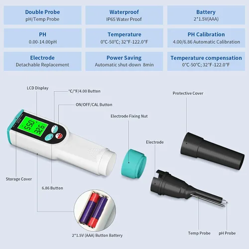 Vista 3 de Medidor de pH de alimentos, probador digital de pH impermeable con sonda de pH/temperatura de alta precisión, ideal para masa madre, queso, muestras