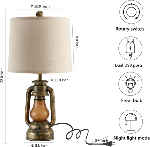 Vista 7 de Juego de 2 lámparas de mesa de linterna estilo granja para sala de estar con 2 puertos de carga USB, lámparas rústicas vintage para mesita de noche