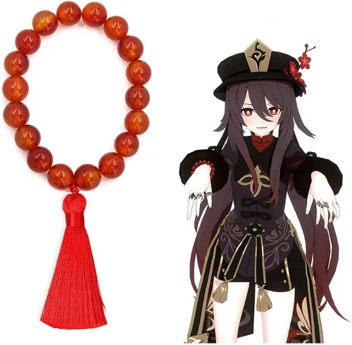 Vista 2 de Game Genshin Impact Hu Tao - Pulsera de cosplay con cuentas de cristal rojo, borla sedosa, elástica, para mujer, regalo de joyería, Piedra, No es