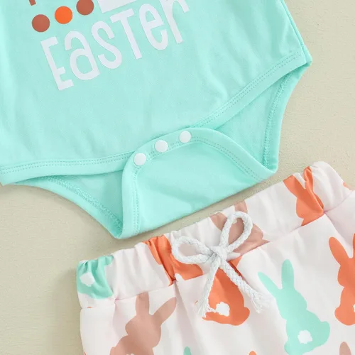 Vista 7 de hhchenyulemon Conjunto de mameluco de manga corta con estampado de conejito y gorro, ropa para bebés y niños pequeños