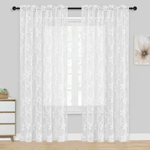 Vista 49 de DWCN Paquete de 2 cortinas traslúcidas pequeñas de encaje floral beige para cocina, cortinas traslúcidas ligeras con bolsillo para barra, cortinas