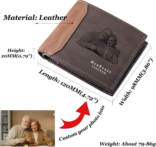 Vista 29 de INBLUE Billetera plegable grabada personalizada, cartera de cuero personalizada con foto y texto grabado, regalos para hombres, marido, papá, hijo