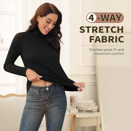 Vista 4 de WOWENY Camisetas térmicas de cuello alto para mujer, ligeras, de manga larga, ropa interior suave, ajustada, suéter básico