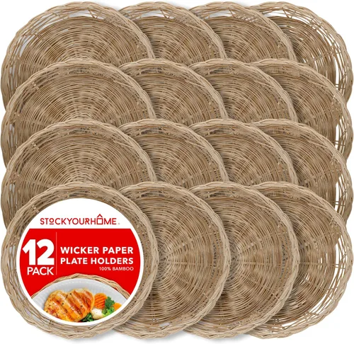 Vista 10 de Stock Your Home Soporte para platos de papel de bambú de 10 pulgadas (4 unidades) – Soportes de platos de papel reutilizables de mimbre resistente