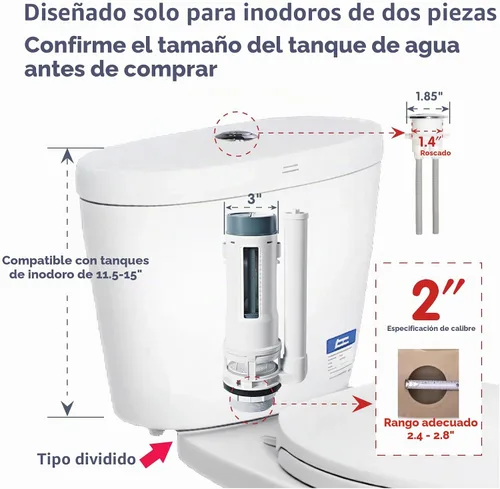 Vista 2 de Kit de reparación de inodoro de 2 pulgadas dentro del tanque con doble válvula de descarga, incluye válvula de llenado ajustable y botón cromado