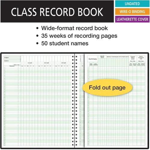 Vista 2 de Elan Publishing Company Libro de registro de clase para hasta 10 semanas. 50 nombres. Cuadrados de grabación de grado extra grandes. (R9310)