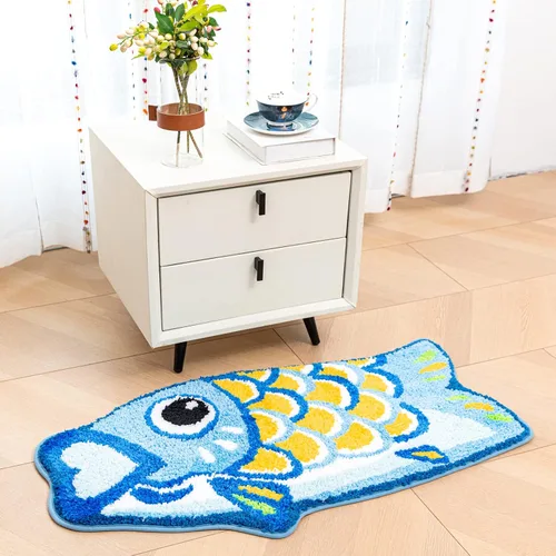 Vista 3 de Bonita alfombra de baño Koi de pez azul, antideslizante, de dibujos animados, divertidas, alfombras de baño y tapetes absorbentes para niños