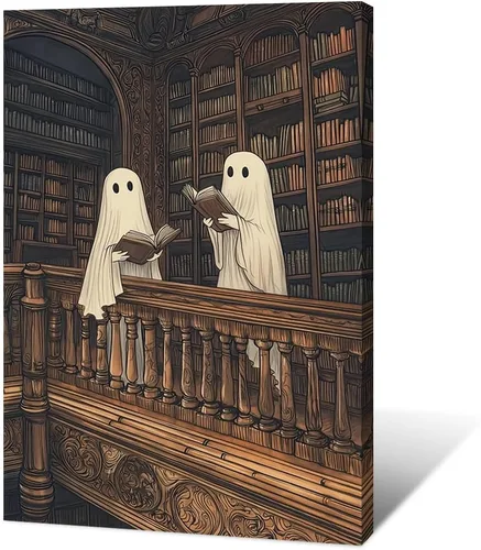 Vista 9 de Póster de dos lindos fantasmas en una biblioteca, arte de pared gótico espeluznante, decoración de Halloween, divertido estampado de fantasma