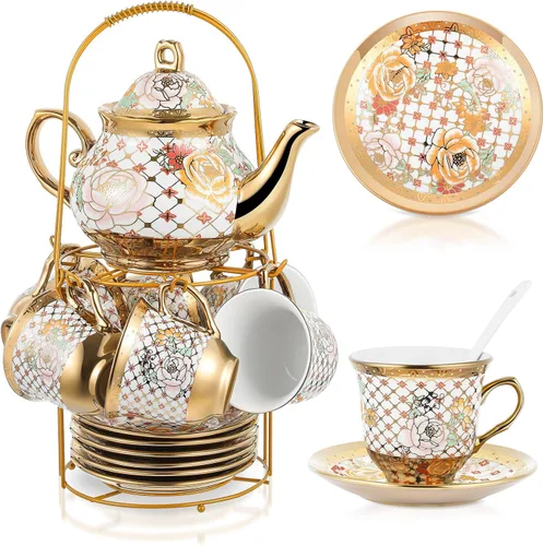 Vista 13 de Zhehao Juego de té de porcelana de 20 piezas con soporte de metal y cuchara para adultos, juego de té de cerámica para adultos, pintura de flores