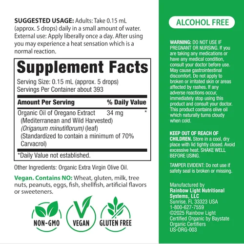 Vista 2 de Aceite de orégano claro arcoíris 2 onzas líquidas USDA Orgánico Extracto líquido sin alcohol Suplemento de hierbas sin OMG y sin gluten