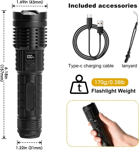 Vista 6 de Linterna recargable: alta potencia de 18000 lúmenes, pantalla LED, enfoque ajustable, carga USB, 5 modos, linterna LED impermeable IPX4