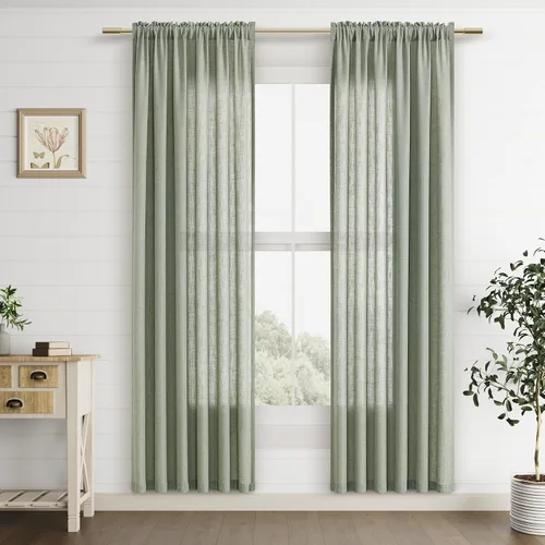 Vista 24 de Cortinas de lino verde aguamarina de 84 pulgadas de largo, juego de 2 paneles semitransparentes con bolsillo para barra para comedor, decoración