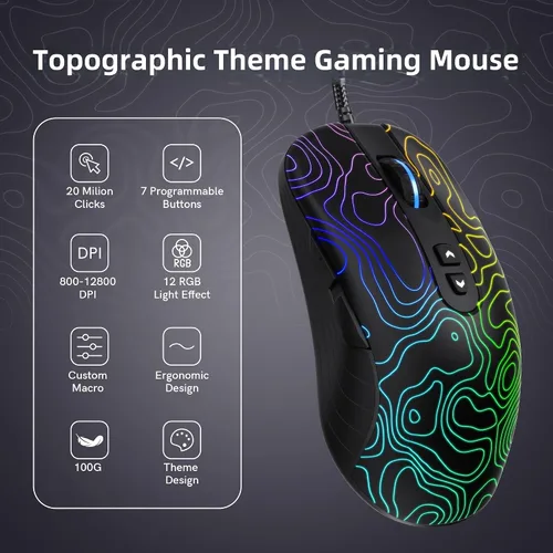 Vista 2 de dagaladoo Ratón negro para juegos con cable, 12800 DPI RGB mouse para juegos con 7 efectos de iluminación, mouse para juegos de PC, compatible