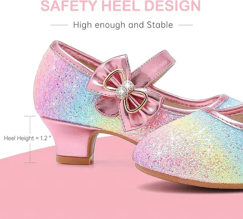 Vista 6 de Dufannie Zapatos de vestir para niñas, zapatos de tacón bajo de princesa, zapatos planos con purpurina para bodas y fiestas