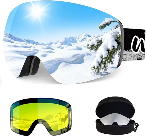 Vista 12 de Whale 2027 New Magnetic-Closure Ski Goggles, 2 Interchangeable Lenses/Night Skiing Light-Enhancing Lens, Anti-Fog, Unisex Azul