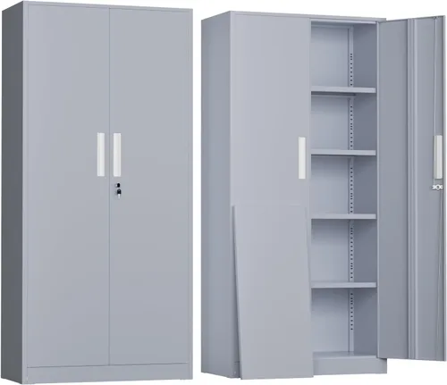 Vista 15 de Greenvelly Armario de almacenamiento de metal con cerradura, gabinete de garaje de metal de 71 pulgadas con 2 puertas y 4 estantes ajustables