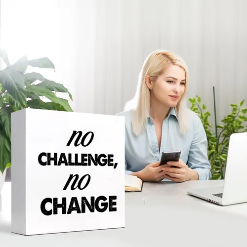 Vista 7 de z-crange Letrero de madera con texto en inglés "No Challenge No Chance" para decoración de escritorio, caja de madera motivacional para fitness