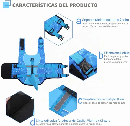 Vista 3 de Queenmore Chaleco Salvavidas para Perros Tiburón, Chaleco de Natación de Alta Flotabilidad, Chalecos Salvavidas para Perros Ajustables y Fáciles