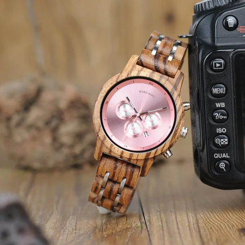 Vista 5 de BOBO BIRD Relojes de madera para mujer, correa de metal de madera de lujo, cronógrafo y visualización de fecha, reloj de cuarzo, moda de cebra