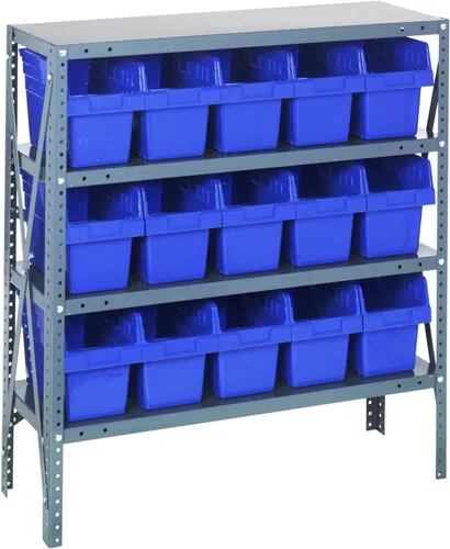 Vista 387 de Quantum QSBU-245BK Heavy Duty Shelving Unit with (7) Shelves and (24) QUS245 Black Bins for Garage Warehouse Storage Distribution 400 lb Load