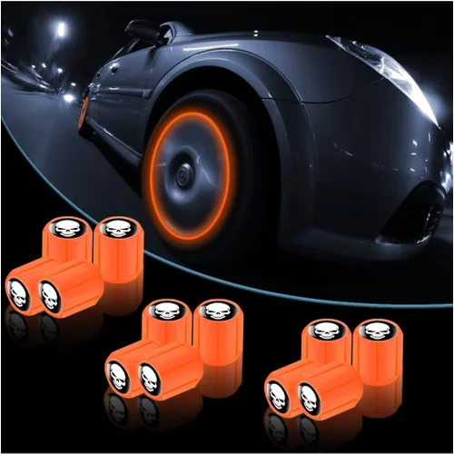 Vista 9 de 12 tapones fluorescentes para válvulas de neumáticos, resistentes a la corrosión, para automóvil, con forma de calavera iluminada luminosa que