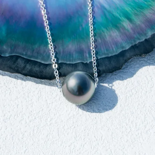 Vista 8 de Collar de perlas negras de Tahití genuinas de 9 a 0.551 in, perlas negras de Tahití de la naturaleza seleccionadas a mano de calidad AAA, colgante