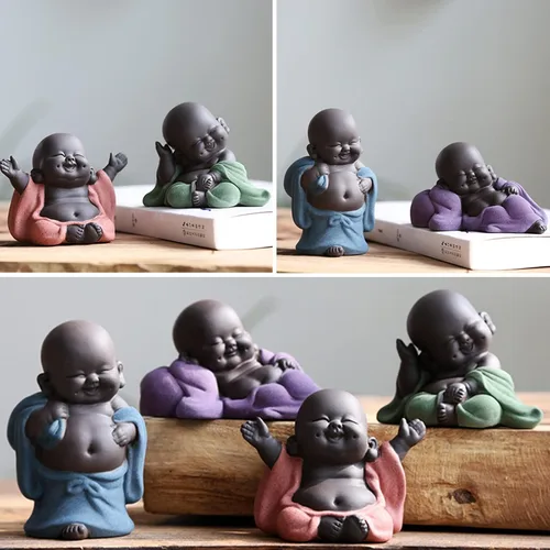 Vista 7 de Qikuver Buda Maitreya Laughing, estatua de Buda de cerámica, adorno de escultura de té, juego de té para decoración de hogar, oficina, automóvil