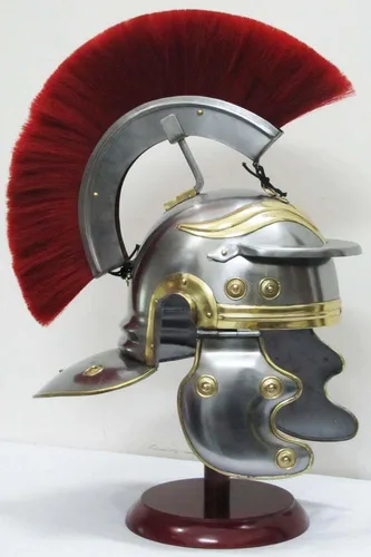 Vista 2 de Casco de caballero medieval centurión romano armadura guerrero metal rojo pluma con forro