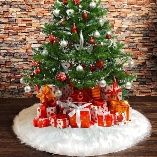 Vista 21 de Falda de Árbol de Navidad de 24 Pulgadas - Falda de Árbol de Piel Sintética Esponjosa Beige Blanca, Decoración Navideña de Felpa de Color Toka