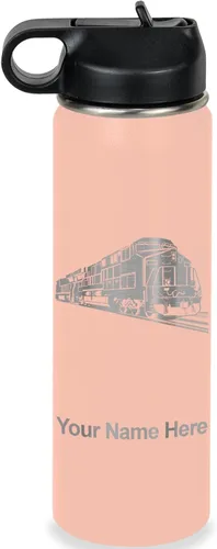 Vista 64 de LaserGram Botella de agua personalizada, tren de carga, acero inoxidable de doble pared aislada al vacío con popote superior, regalo grabado