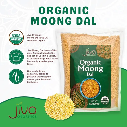 Vista 3 de Jiva Moong Dal amarillo orgánico, 2 libras, sin OMG, sin gluten, ideal para Kitchari, frijoles mungos amarillos partidos