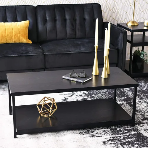 Vista 2 de Household Essentials Jamestown - Mesa auxiliar rectangular con estante de almacenamiento, grano de madera de roble negro y metal negro