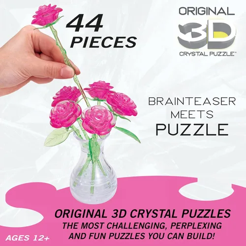 Vista 3 de BePuzzled Rompecabezas original de cristal 3D de Roses in Vase, a partir de 12 años, rosa