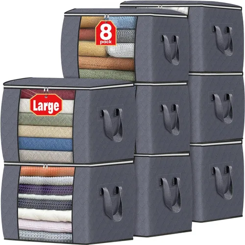 Vista 16 de Fab totes Paquete de 3 bolsas de almacenamiento plegables de tela gruesa, contenedores para organizar dormitorio, armario, ropa, edredón, Beige