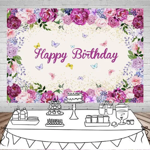 Vista 2 de Mocsicka Telón de fondo de fiesta floral de mariposa para bebés, niñas, hada, princesa, feliz cumpleaños, fotografía de fondo, vinilo para niños