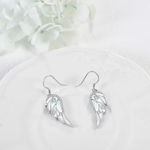 Vista 5 de Aretes de alas de ángel para mujer, plata de ley, aretes colgantes de moda, joyería de ángel para mujer