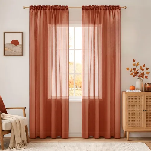 Vista 20 de MIULEE Cortinas semitransparentes con textura de lino naranja quemado de otoño 54W×54L Cocina