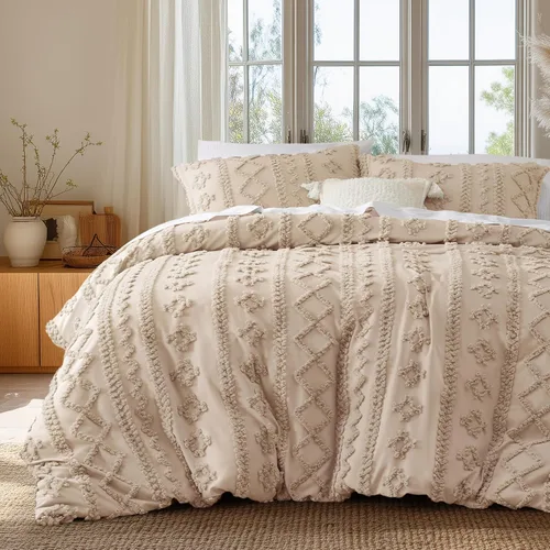 Vista 11 de Bedsure Funda de edredón bohemia tamaño matrimonial, bordado copetudo, 3 04 - Blanco - Elegante (sin edredón)