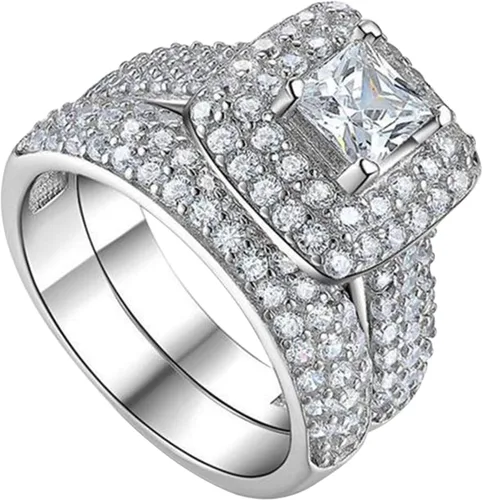 Vista 8 de Juego de 2 piezas de diamantes cuadrados de princesa para parejas, anillos de moda, joyería de compromiso de boda para mujer