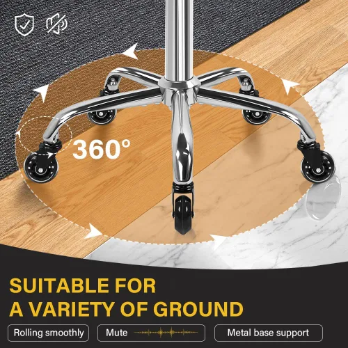 Vista 5 de WKWKER Taburete rodante resistente con ruedas, taburete giratorio hidráulico ajustable, silla redonda ergonómica de cuero grueso para cocina Negro