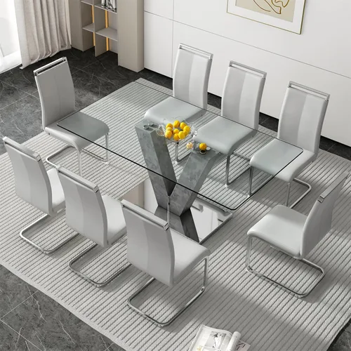 Vista 24 de Juego de mesa de comedor de cristal de 71 pulgadas para 4, juego de mesa de cocina moderno para 4, juego de mesa de comedor para el hogar