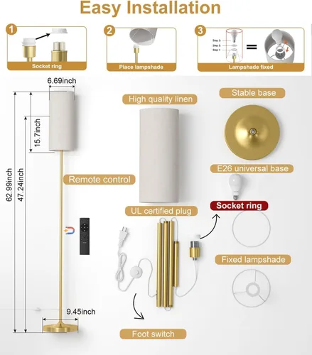 Vista 4 de luckystyle Lámpara de Pie LED para Sala de Estar, Lámpostas Regulables con Interruptor de Pie, Lámpara de Pie de Oro con Temperatura