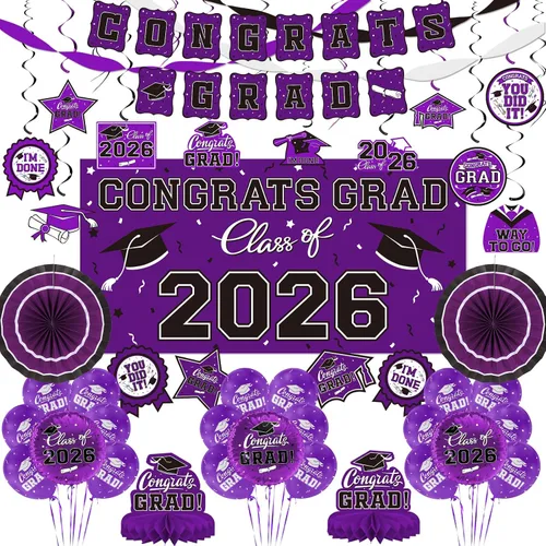 Vista 12 de Juego de decoraciones de graduación 2026 con temática negra y dorada, pancarta de felicitaciones, telón de fondo, globos y serpentinas, suministros