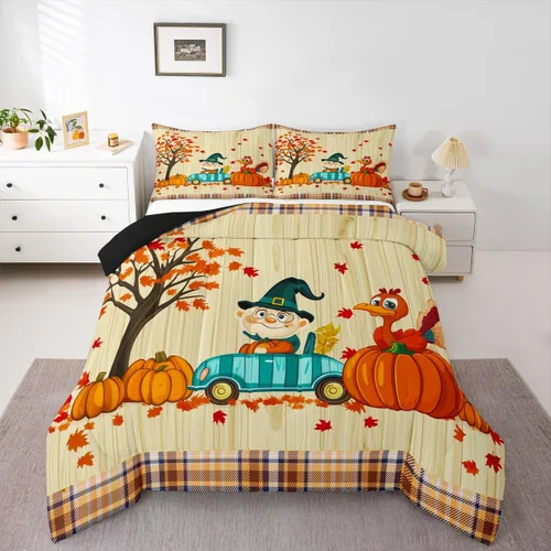 Vista 39 de Erosebridal Juego de edredón individual de pavo de Acción de Gracias, juego de ropa de cama de calabaza con hojas de otoño para niños y adultos