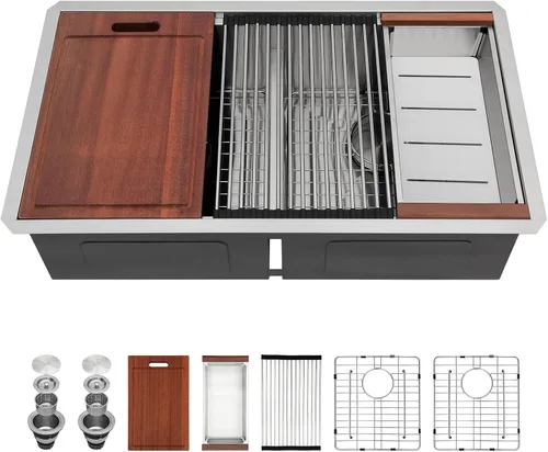 Vista 18 de Sarlai Fregadero de Cocina Dorado Bajo Encimera de 33 Pulgadas Doble Tazón 33 x 19 Pulgadas Bajo Dividido Dorado Estación de Trabajo Fregadero Doble