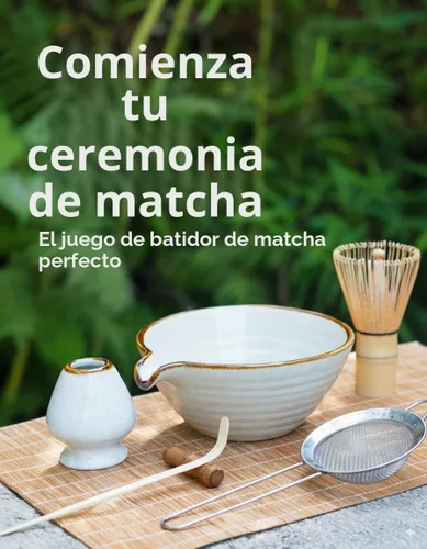 Vista 2 de Juego de batidor de matcha, juego de matcha, kit de matcha, cuenco de matcha con boquilla, cuchara, tamiz, batidor de bambú, soporte de Chasen