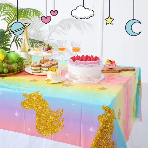 Vista 5 de Zhehao Mantel desechable de cumpleaños de unicornio de 108 x 54 pulgadas, mantel de plástico a rayas multicolor para fiesta de cumpleaños