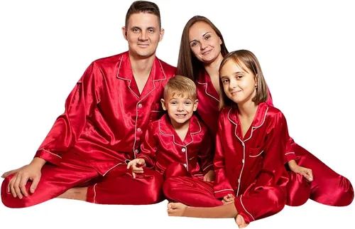 Vista 6 de BNisBM Pijamas de Navidad para la familia, de seda de color sólido, conjuntos a juego, camisas de manga larga, pantalones, ropa de descanso informal